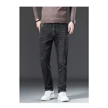 Большие размеры осенние джинсы длинные брюки синие мужские стильные эластичные свободные винтажные мягкие повседневные с высокой талией базовые модные шаровары мужские брюки 28 чёрный