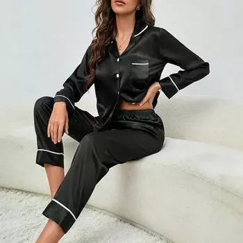 Большие размеры осенние и зимние шелковые пижамы женские топы и брюки однотонные повседневные мягкие пижамы на пуговицах кардиган пижамы домашняя одежда M