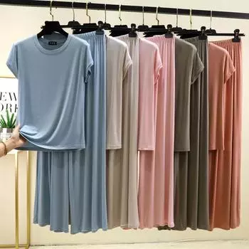 Большие размеры от M до 6XL Футболки с коротким рукавом и широкие брюки Однотонные летние модальные пижамные комплекты Повседневная домашняя одежда Костюм из 2 предметов Повседневная одежда для сна M чёрный