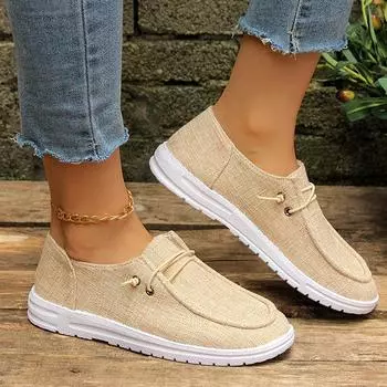 Большие размеры парусиновые туфли на плоской подошве женские 2025 весенние нескользящие туфли на плоской подошве женские легкие повседневные туфли без застежек женские 36 бежевый