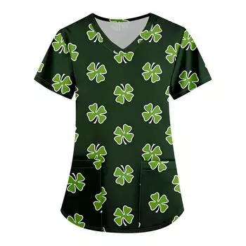 Большие размеры, печатные рабочие униформы, топы для женщин, крестообразный V-образный вырез, принт ко Дню Святого Патрика, короткие рукава, забавные футболки, рабочая одежда, футболка с карманами L темно-зеленого