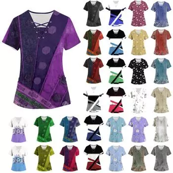 Большие размеры, печатные рабочие униформы, топы для женщин, перекрестный V-образный вырез, ретро-принт, короткий рукав, забавные футболки, рабочая одежда, футболка с карманами L синий