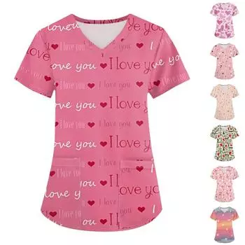 Большие размеры, печатные рабочие униформы, топы для женщин, крестообразный V-образный вырез, День святого Валентина, принт, короткий рукав, забавные футболки, рабочая одежда, футболка с карманами XXXXL