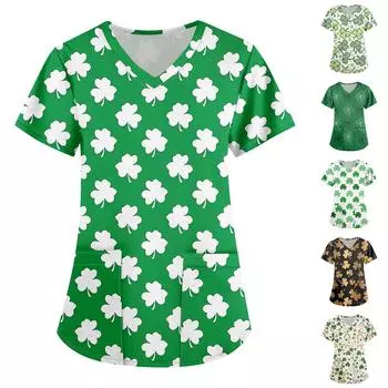 Большие размеры, печатные рабочие униформы, топы для женщин, крестообразный V-образный вырез, принт ко Дню Святого Патрика, короткие рукава, забавные футболки, рабочая одежда, футболка с карманами L