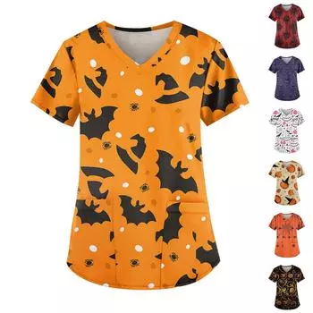 Большие размеры, печатные рабочие униформы, топы для женщин, крестообразный V-образный вырез, принт на Хэллоуин, короткий рукав, забавные футболки, рабочая одежда, футболка с карманами XXXL оранжевый