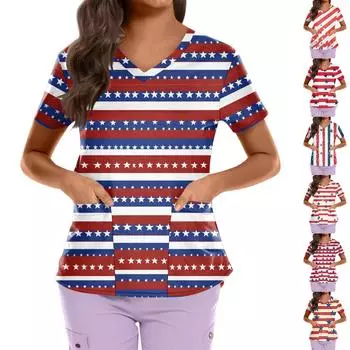 Большие размеры, печатные рабочие униформы, топы для женщин, крестообразный V-образный вырез, День независимости, принт, короткий рукав, забавные футболки, рабочая одежда, футболка с карманами S розовый