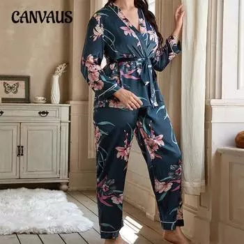 Большие размеры пижамы женские кардиган галстук спальный халат спальный штаны костюм повседневный свободный домашний XL чёрный