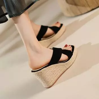Большие размеры платформы пеньковая веревка сандалии кекс высокие каблуки модные новые крест соломенные летние односложные тапочки широкие ноги женские 35