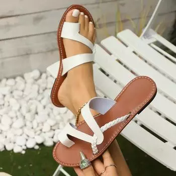 Большие размеры плоские сандалии с открытым носком женские летние 2025 новые удобные повседневные римские тапочки женские 36 белый