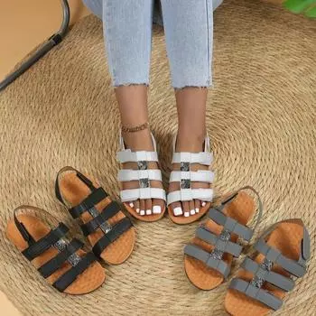 Большие размеры плоские сандалии женские 24 новые односложные дышащие повседневные туфли в римском стиле с рыбьим ртом 35 чёрный