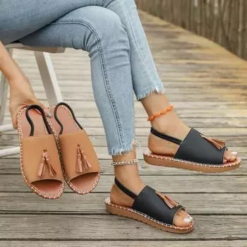 Большие размеры плоские сандалии женские летние 2025 Бохо бахрома шлепанцы широкие пляжные тапочки удобные повседневные шлепанцы-стринги 36 светло-коричневого