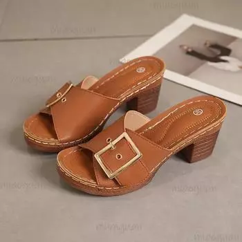 Большие размеры пляжные сандалии тапочки женские летние новые толстые туфли на высоком каблуке шлепанцы повседневные римские однотонные тапочки на каблуке 36 чёрный