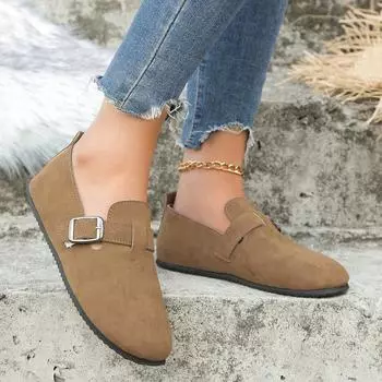Большие размеры, полые туфли на плоской подошве, женские однопедальные туфли с круглой пряжкой и ленивым носком 35 хаки