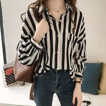 Большие размеры Повседневная офисная женская одежда для женщин Корейская рубашка с карманом и отложным воротником в полоску Блузки с длинными рукавами Топ L чёрный