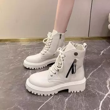 Большие размеры, повседневные ботинки средней высоты с квадратным дном, осенне-зимние, однотонные, из искусственной кожи, ботинки Martin, меховые, 35-42 35 чёрный