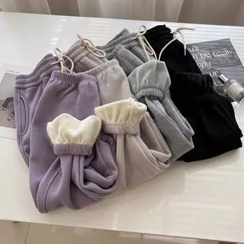 Большие размеры повседневные брюки женские осень-зима плюс бархат высокая талия свободные покрывающие бедра балка ноги корейская мода шаровары S чёрный