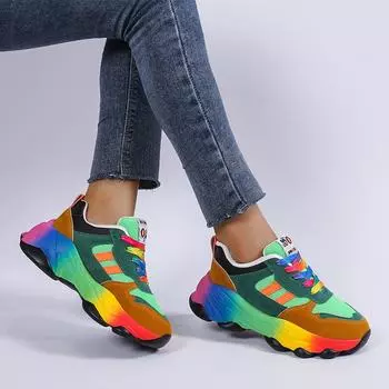 Большие размеры повседневные одинарные туфли с радужной подошвой, модные на шнуровке, дышащие, повседневные спортивные одинарные туфли для женщин 35 зелёный