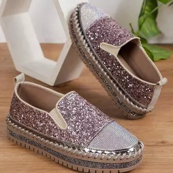 Большие размеры повседневные одинарные туфли женские весна 2024 новые модные женские туфли на толстой подошве с плоским дном со стразами 35 чёрный