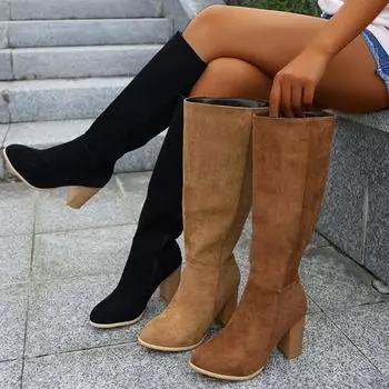 Большие размеры, повседневные сапоги на высоком каблуке, высокие зимние сапоги, осенне-зимние, замшевые, с боковой молнией, длинные, хлопковые, Martin, размеры 36-43 36 чёрный