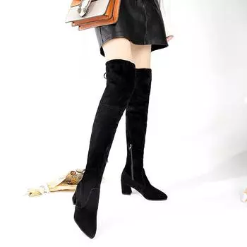 Большие размеры, повседневные сапоги выше колена на толстом каблуке, осенне-зимние замшевые длинные узкие сапоги, размер 35-41 35 чёрный