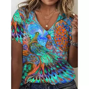 Большие размеры повседневные топы женские большого размера с принтом павлина короткий рукав V-образный вырез средняя эластичная футболка лучше всего подходит для лета S