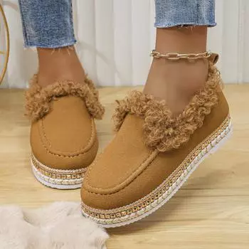 Большие размеры Повседневные туфли на платформе с хлопковой подкладкой Новые зимние женские туфли Слипоны из хлопка с флисовой подкладкой 36