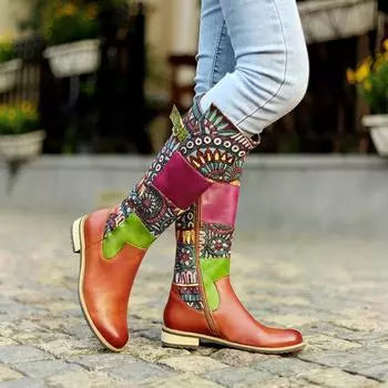 Большие размеры, повседневные женские ботинки в стиле ретро с контрастными цветными вставками, с круглым носком, длинные женские сапоги, теплые до колена 36 зелёный