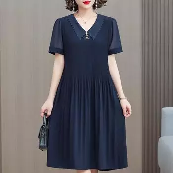 Большие размеры Повседневные женские платья Летняя винтажная одежда Свободное элегантное платье с коротким рукавом XL темно-синий