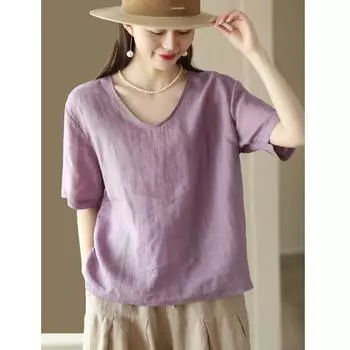 Большие размеры Простые однотонные хлопковые льняные блузки и рубашки с коротким рукавом Женские летние свободные утягивающие тонкие базовые футболки женские M белый