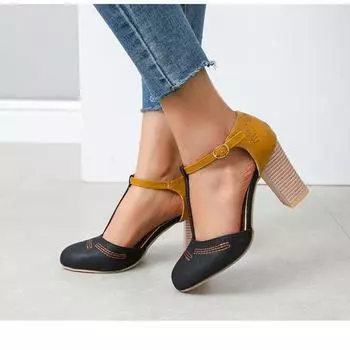 Большие размеры прямые поставки лето 2025 новые босоножки на толстом каблуке с пряжкой сбоку женские босоножки большого размера 35 чёрный