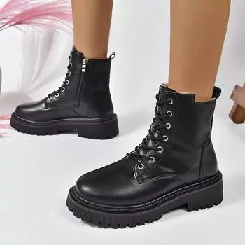 Большие размеры PU кожаные мотоциклетные ботинки женские короткие плюшевые ботильоны на платформе женские осенне-зимние толстые подошвы на шнуровке Botas Mujer 35