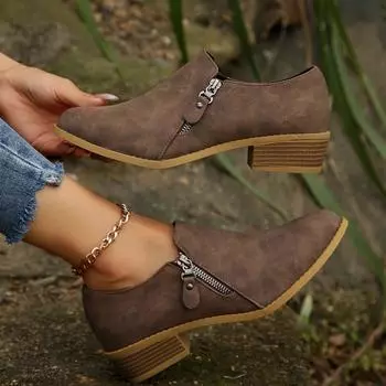 Большие размеры ретро-ботинки Челси 2024 года, новые туфли для поездок на работу с боковой молнией и квадратным каблуком 36 абрикосовый