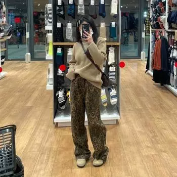 Большие размеры ретро леопардовый принт джинсы женские осень и зима новые персонализированные хип-хоп комбинезоны детские широкие штанины S цветной печати леопарда