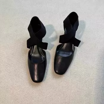 Большие размеры ретро универсальные балетки на высоком каблуке женские ранняя весна 2025 толстый каблук перекрестные ремешки полые повседневные босоножки с застежкой-молнией 35 чёрный