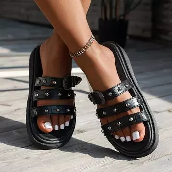 Большие размеры римские сандалии женские летние сандалии с металлическими заклепками женские сандалии с пряжкой на толстой подошве 36 чёрный