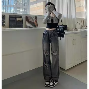 Большие размеры, рваные джинсы для полных девушек, женские, весна-лето, новые элегантные, маленькие, с высокой талией, прямые, широкие, женские брюки-швабры M серый