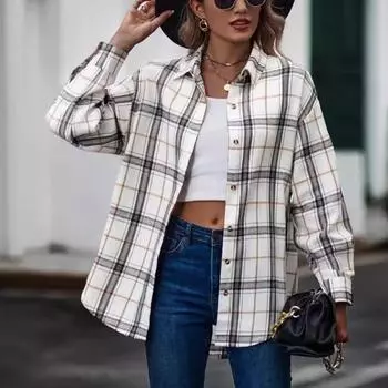 Большие размеры S-2XL Женская повседневная клетчатая рубашка в стиле пэчворк с длинными рукавами и блузкой с пуговицами на лацканах S бежевый