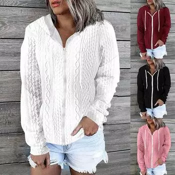 Большие размеры S-5XL женские осенне-зимние пальто повседневные с длинным рукавом жаккардовые топы с капюшоном модные однотонные толстовки на молнии женские S чёрный