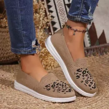 Большие размеры с круглым носком и плоской подошвой женские туфли с леопардовым принтом, летящие, тканые, дышащие, низкие, ленивые 36 чёрный