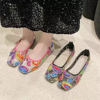Большие размеры с плоским дном, сетчатая вышивка, весна и лето, новые повседневные туфли со стразами, квадратная голова, неглубокий вырез, одна педаль, обувь Doudou 36 чёрный