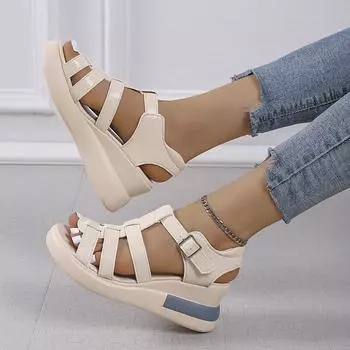 Большие размеры сандалии с полой пряжкой женские летние 2024 новые повседневные женские туфли с открытым носком ретро римские сандалии на платформе 35 бежевый