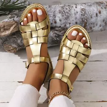 Большие размеры сандалии с пряжкой на ремне и плоским дном, однотонные пляжные сандалии, тапочки 36 чёрный