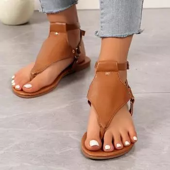 Большие размеры Сандалии с застежкой на носу Женские повседневные туфли на плоской подошве с застежкой на носу Пляжные туфли с одним словом и пряжкой Сандалии на плоской подошве 42EU/CN43 золотой