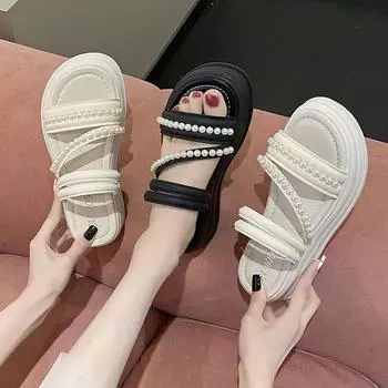 Большие размеры сандалии тапочки женские летние толстые тапочки женские фея жемчуг можно носить два сандалии женские модные женские летние дышащие туфли 35