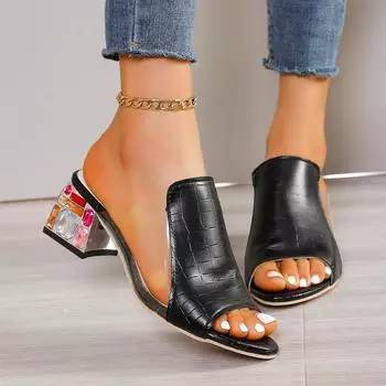 Большие размеры сандалии женские на среднем толстом каблуке классные тапочки женские туфли с кристаллами в виде одного слова женские тапочки со стразами в форме рыбьего рта 36