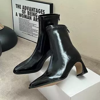 Большие размеры сапоги осень и зима маленькие квадратные каблуки высокие лакированные эластичные средние тонкие сапоги короткие сапоги женские толстые каблуки 34