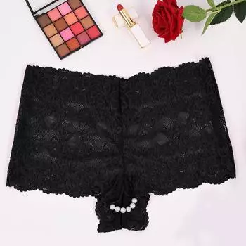 Большие размеры сексуального нижнего белья черного кружева женское нижнее белье с цепочкой из бисера, увеличивающее бедра, сексуальное искушение, прозрачные трусы-боксеры S 1XL
