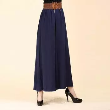 Большие размеры, широкие брюки, винтажные повседневные бандажные женские брюки с высокой талией, повседневные брюки большого размера, Femme One Size темно-синий