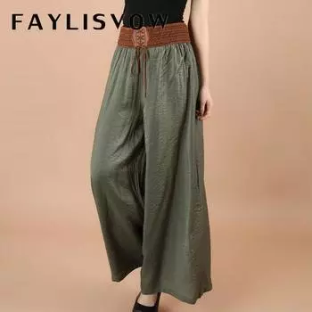 Большие размеры, широкие брюки, винтажные повседневные бандажные женские брюки с высокой талией, повседневные брюки большого размера, Femme One Size чёрный