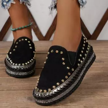 Большие размеры слипоны лоферы модные заклепки на плоской подошве толстая подошва швейные женские туфли на плоской подошве повседневные неглубокие уличные прогулочные туфли 2024 36 чёрный